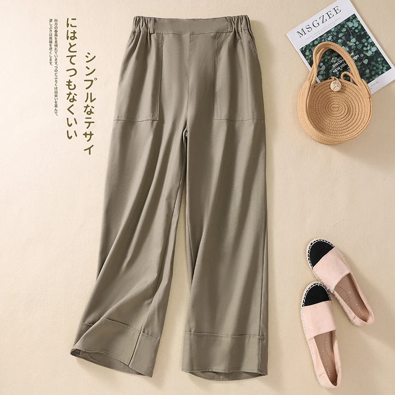Женские прямые брюки до щиколотки, повседневные свободные брюки составного кроя с карманами и поясом на резинке, модель V147 в Корейском стиле на лето, 2022