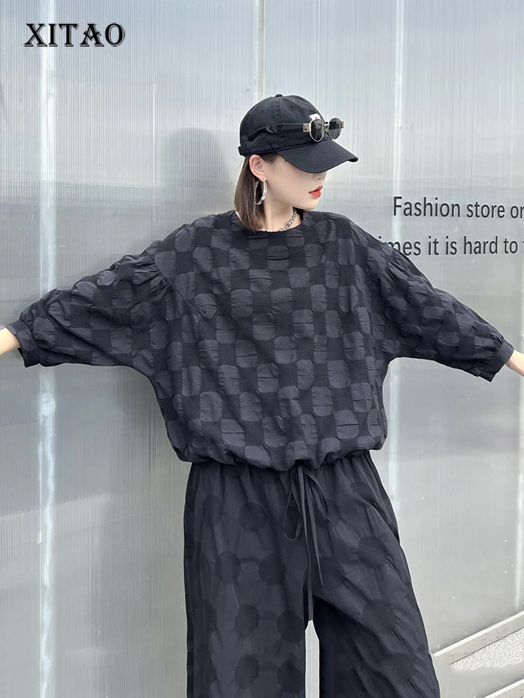 

XITAO Casual Draw Striped T-shirt Irregular Bat Wing Sleeve Pullover Solid Color Top Autumn New Simplicity Loose Women DMJ2452