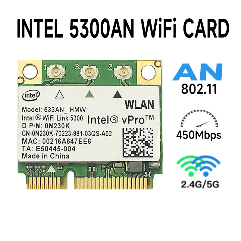 Intel WiFi Link 5300 Wireless LAN Half Size Mini PCI-E Wlan Card 450Mbps 533AN_HMW MIMO 802.11a/b/g 2.4/5.0 GHz INTEL5300agn
