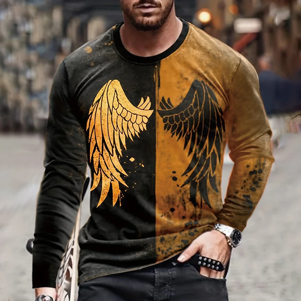 

Men's Autumn New Long sleeved Top Black and White Wing Pattern Clothing T-shirt Casual O-neck Large Loose Sports Top.