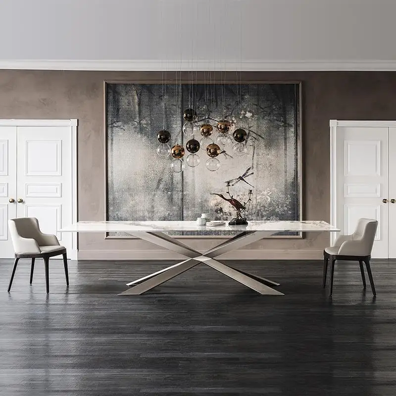 

Light Luxury Design Rock Slab Italian Custom Kitchen Table Chair Combination Simple Large Villa Rectangular Dining Table Set