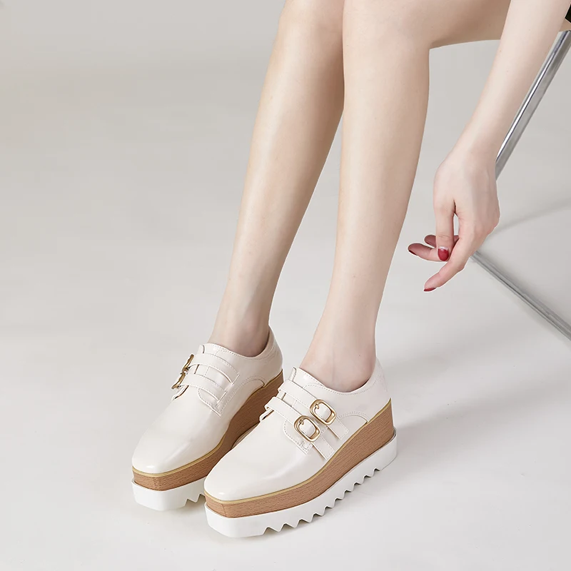 8cm Heeled Platform Wedges Shoes Womens High Heels Casual Lazy Shoes Square Buckle Wedge Creepers Pumps Damen Black