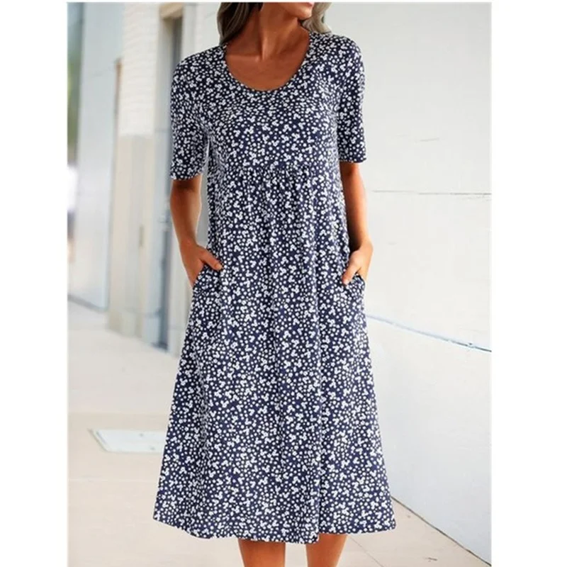 

Pocket Women's Summer Dress Short Sleeve Casual Dresses for Women 2022 Knee Length A-Line O-Neck Female Midi Dress Woman New