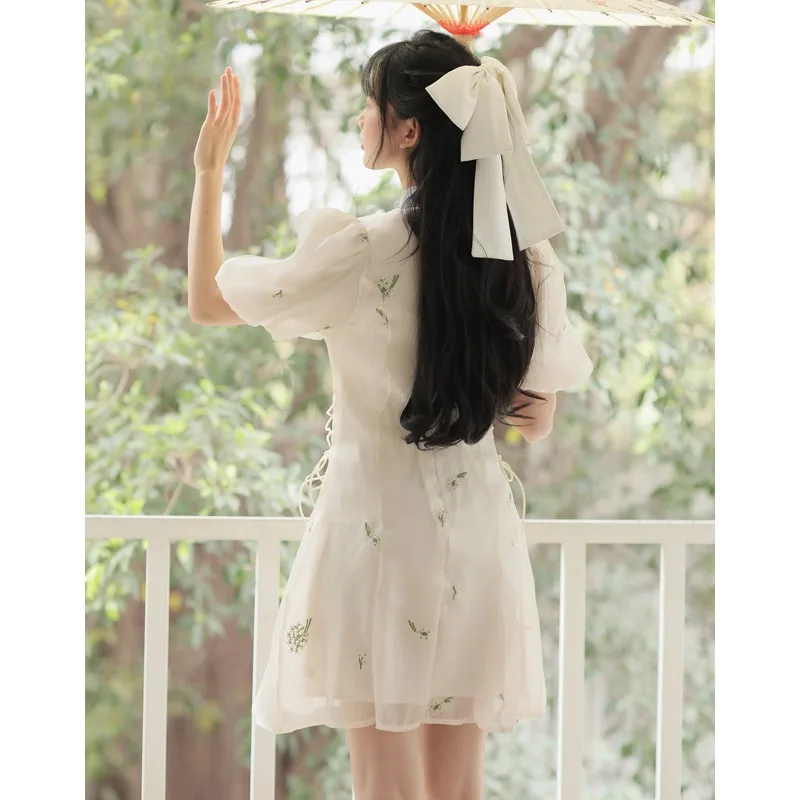 Новинка 2024 китайские винтажные платья-Ципао с пышными рукавами женское летнее