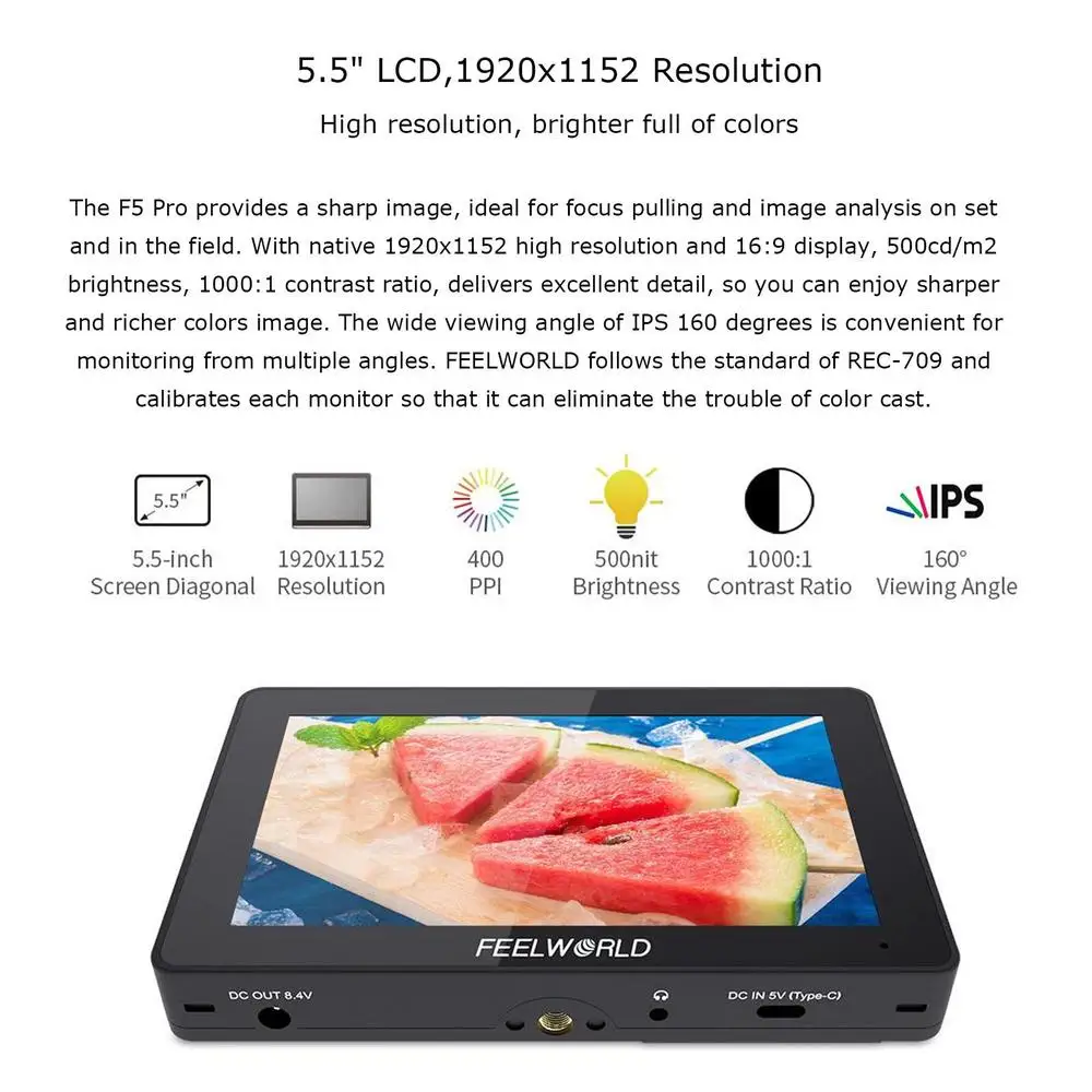 Фото FEELWORLD F5 PRO V4 6-дюймовый сенсорный экран 3D LUT Field Monitor DSLR-камера с внешним комплектом питания F970 Входной выход HDMI 4K №5