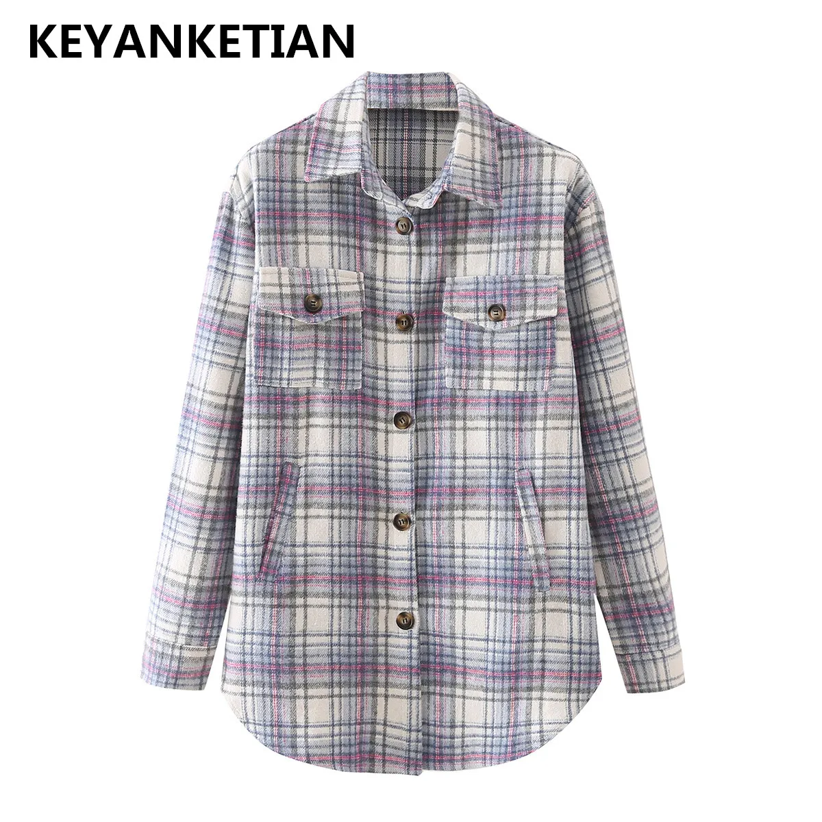 

KEYANKETIAN women's colorblock plaid woolen shirt autumn and winter British style loose pockets lapel buttoned casual jacket top