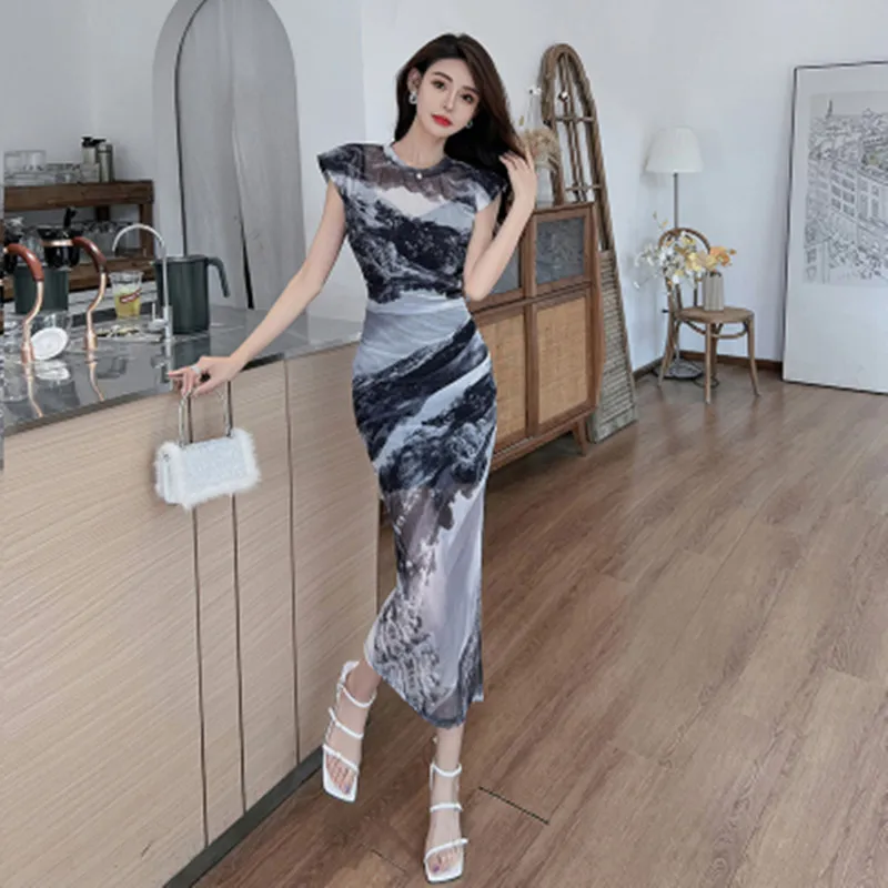 

BULOCHOVA Designer Summer Ink Painting Bodycon Long Dress For Women Mesh Print Package Hip Slim Vestidos 2023 New