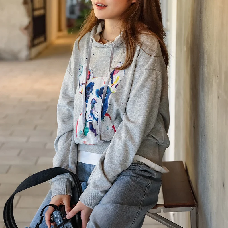 

Spring Autumn Girl Teenager Pullover Fashion Dog Printed Cool Tops Women Trend Casual Loose Korean Cotton Thin Hooded Sweatshirt