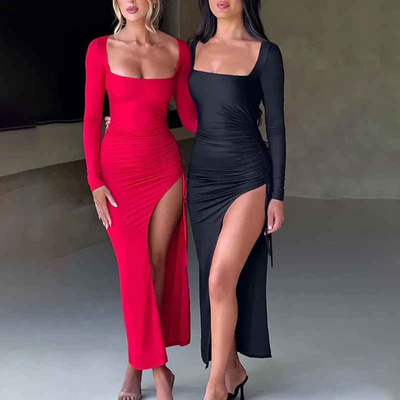 

Women Summer Clothing 2023 Beach Suit Dress Cover Up Sexy Party Led Split Long Sleeve String Solid Polyester Swimsuit One Piece