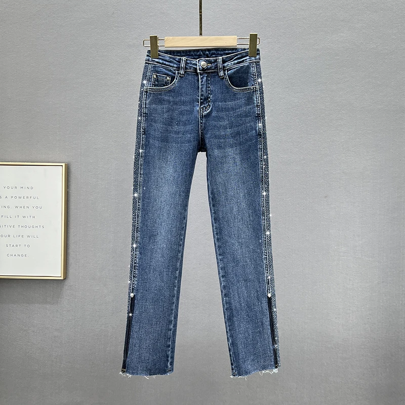 

Straight Jeans for Women 2022 New Autumn Slimming Side Rhinestone Ankle-Length Pants Elastic Blue Denim Pants Girls Lady Jean
