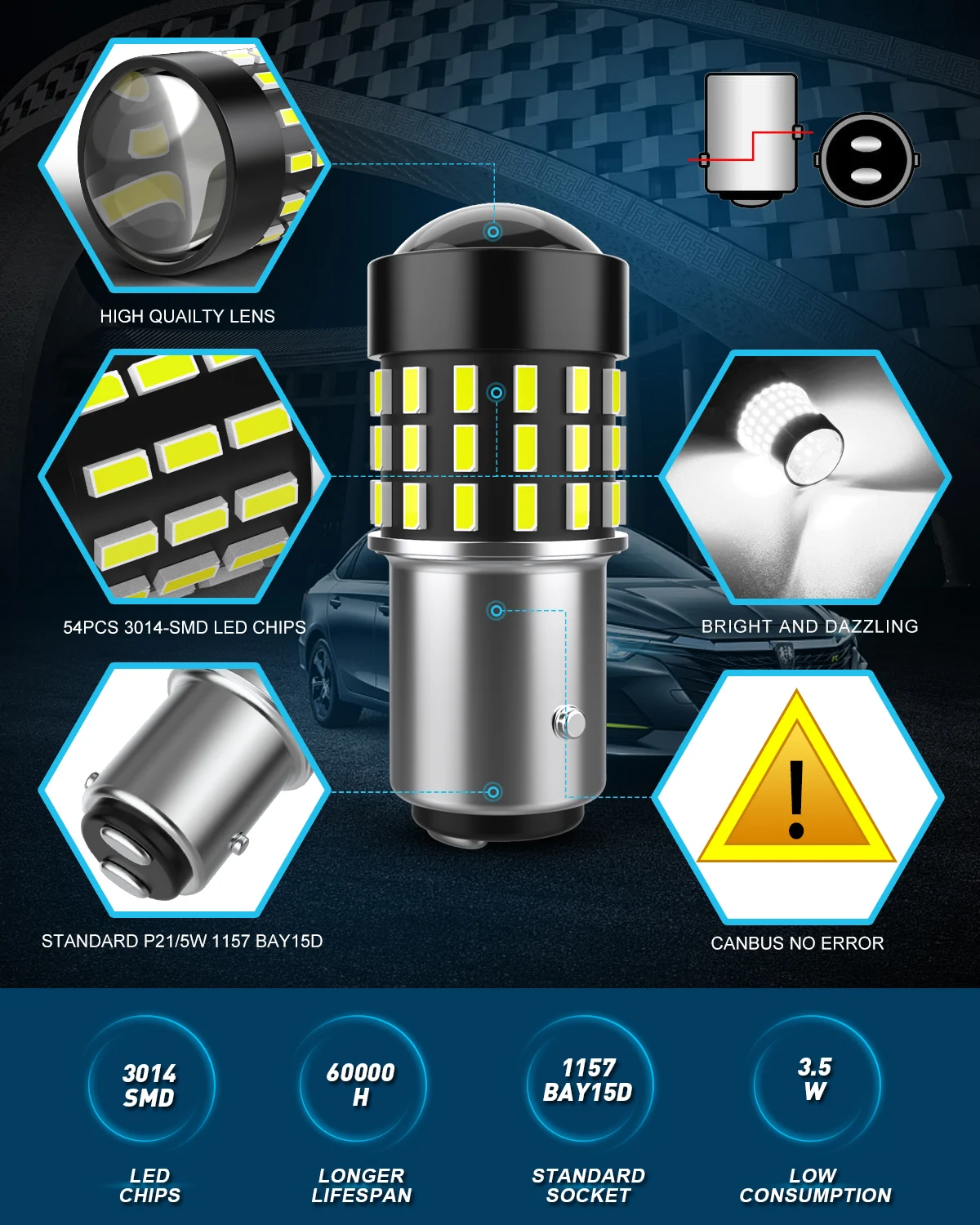 2 шт. Автомобильные светодиодные лампы 1157 Bay15d 7507 P21/5 Вт 12 В