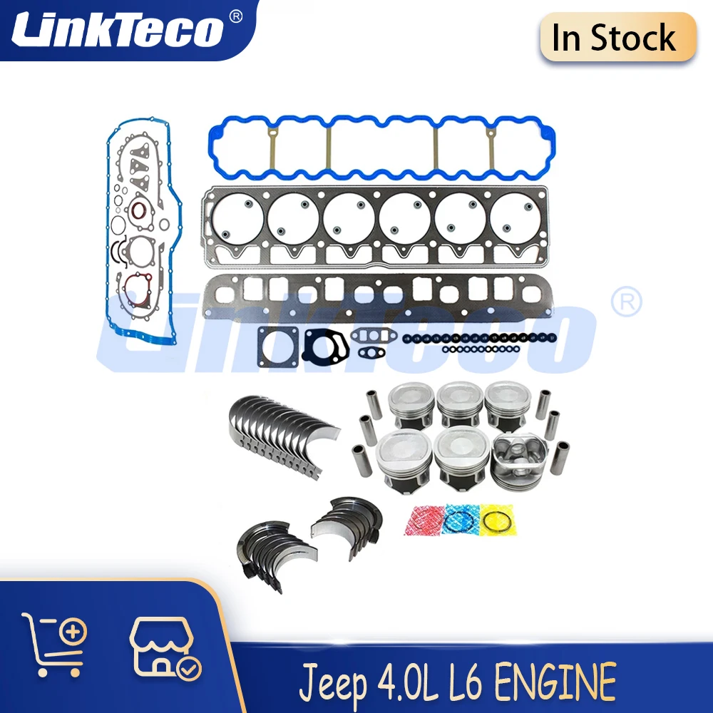 

Полный комплект прокладок деталей двигателя, основной комплект поршня подшипника шатуна, подходит для 4,0 л, газа ERH для Jeep Cherokee Wrangler 4,0 л L6 96-06