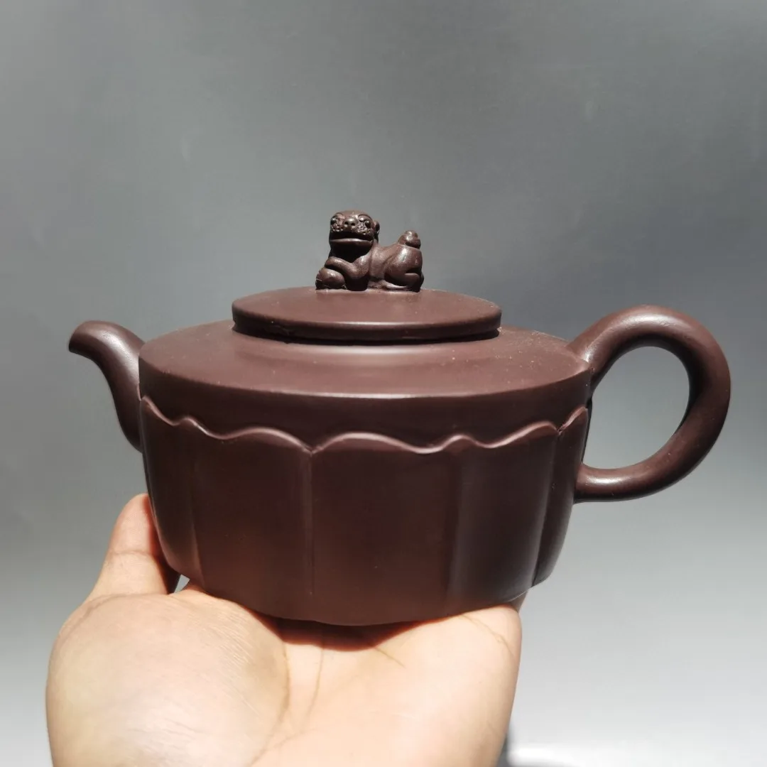 

7"Chinese Yixing Zisha Pottery Petal texture Lotus flower kettle teapot flagon Purple clay mud Gather fortune Ornaments