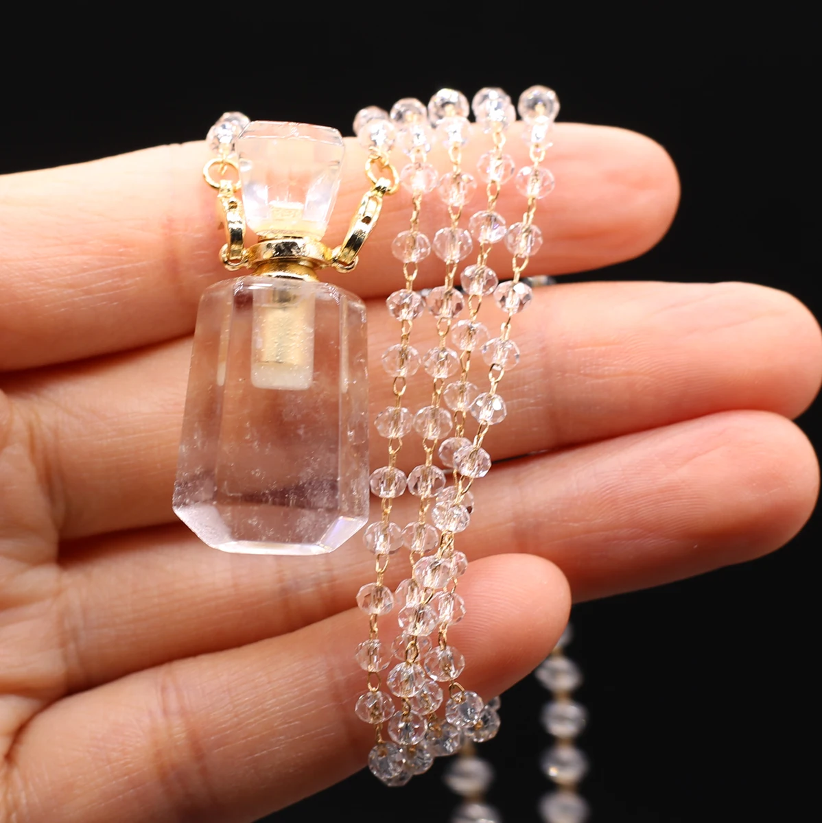 

White Crystal Clear Quartz Perfume Bottle Pendant Necklace Natural Stone Essential Oil Diffuser Charms Chain Necklaces for Women