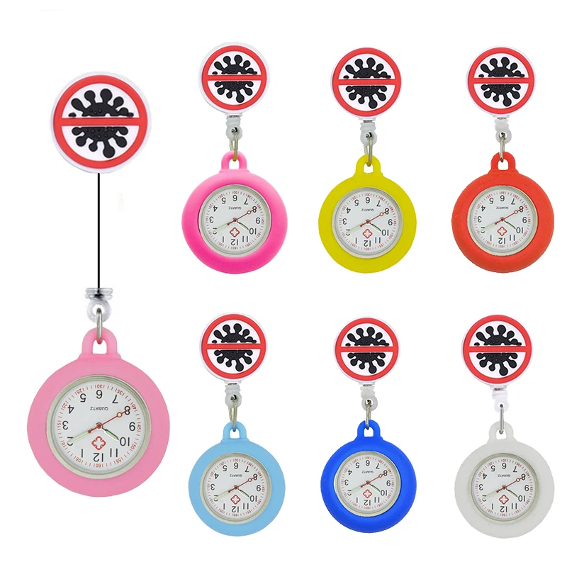 

YiJia Lovely Nurse Pocket Watch Kill the Vrusirus Retractable Badge Reel Cartoon Medical Reloj with Silicone Case