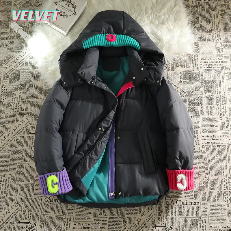 VelvetElements2023 Women Winter Jacket Knitted Patchwork Hooded Cotton Padded Warm Thick Clothes Female Coat Parka Puffer Jacket
