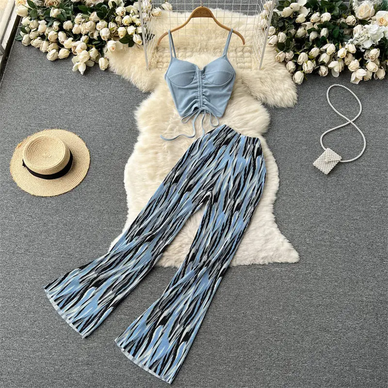 

Sexy Crop Top Corset Suit Women's Short Sling Drawstring Pleated Top + Tie-Dye High Waist Casual Wide Leg Pants 2 Piece Set H698