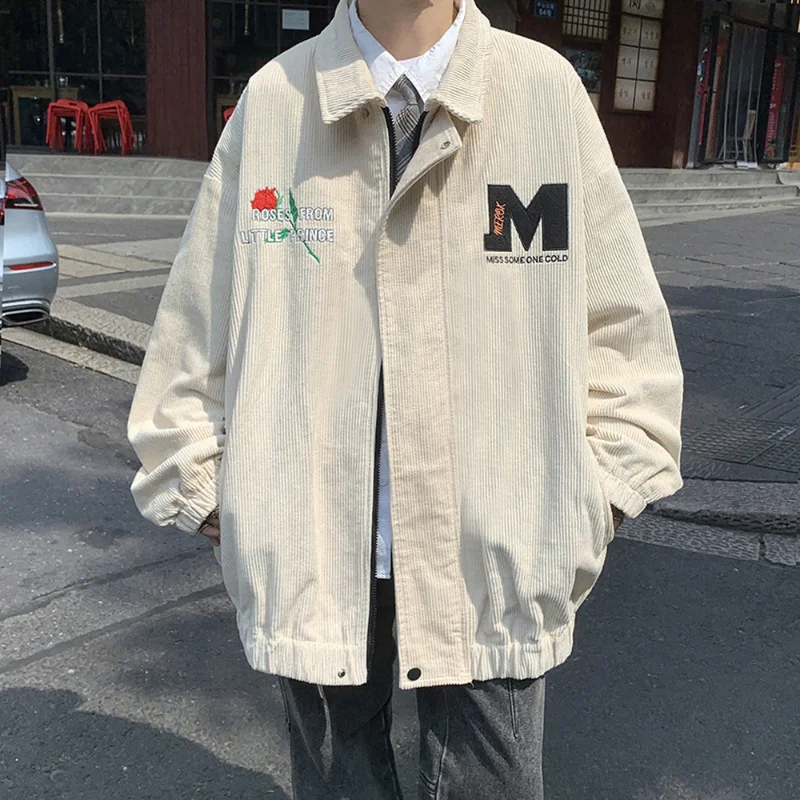 

Autumn Fashion Outerwear Embroidered Jacket Men's Sports Jacket Harajuku Corduroy Jackets Mens Loose Coats Zipper Male Clothing