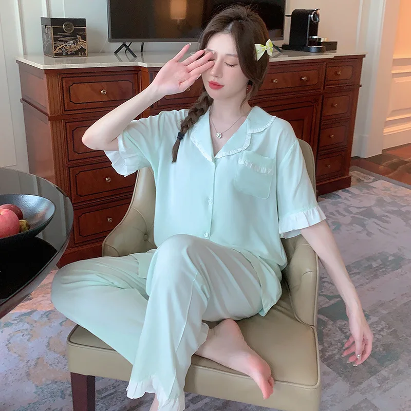Pajamas female summer student princess style thin short-sleeved trousers home suit solid color loungewear with turn-over collar