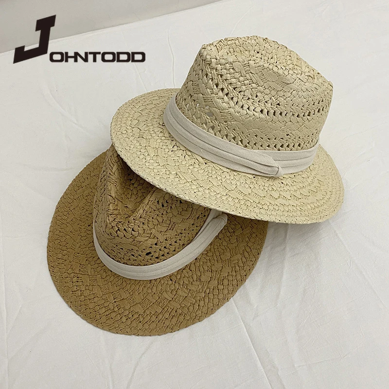 

2021 Women Summer Jazz Hat Top Wide Brim Hat Seagrass Straw Panama Beach Cap with White Ribbon Fashion Lady Sun Hats Two Colors