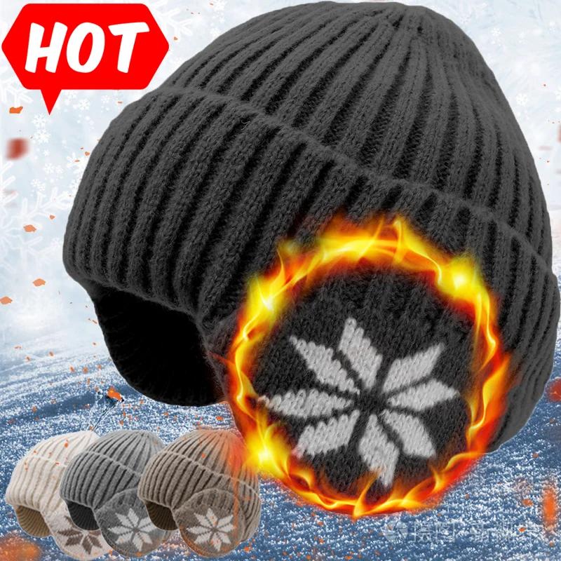 

Thick Faux Fur Beanies Hat with Ear Protection Women Winter Warm Knitted Fleece Cap Outdoor Windproof Brimless Skullies Hats
