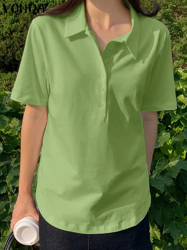 

Модные блузки с коротким рукавом VONDA, женские туники, топы 2023, летние однотонные рубашки с отворотом, повседневные свободные блузы на пугови...