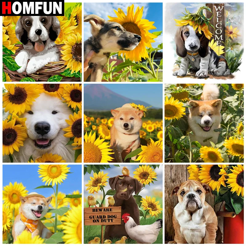 

Алмазная 5D картина HOMFUN, алмазная вышивка «животное, собака, Подсолнух», картина Стразы, домашний декор ручной работы