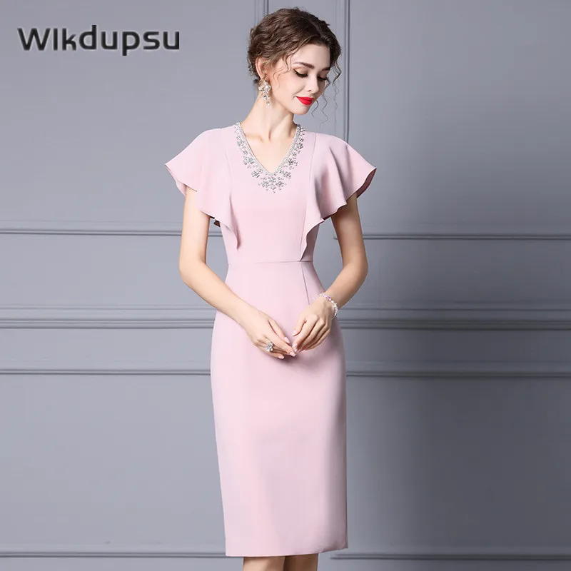 

Fashion Women Slim Fit Elegant Ruffle Sleeve Cocktail Party Banquet Bodycon Dress Crystal Luxury Pink Ladies Midi Pencil Dress