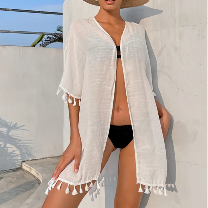 

Women Bikini Cover-Ups Long/Half Sleeve Sheer See-Through Beach Tassels Kimono Smock Sunscreen Blouse Split Hem Bathing Swimwear