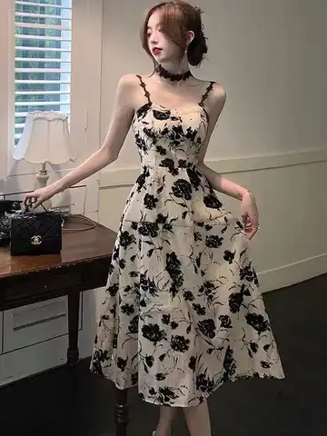 Women Dress 2022 Summer Casual Evening Suspenders Vintage Fashion Y2k Party Print Floral Wedding Dresses Long Aesthetic Clothing
