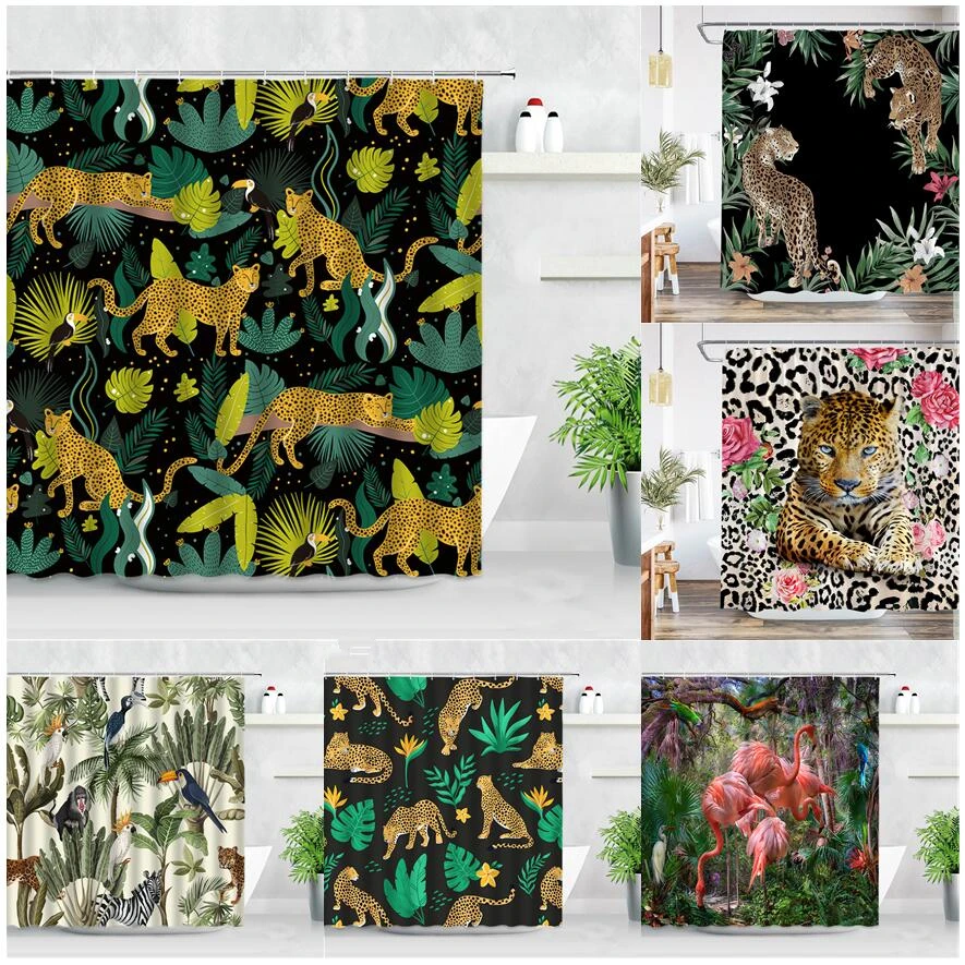 

Plant Africa Leopard Shower Curtain Tropical Palm Leaf Zebra Toucan Flamingo Jungle Wild Animal Bathroom Decor Bath Curtains