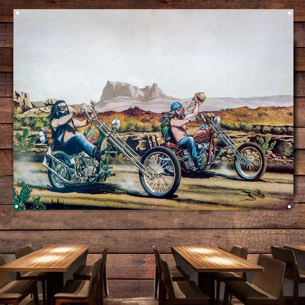 

Easy Rider Motorcycle Flag Banner Mural Retro Wall Decor Poster Car Painting For Garage Man Cave Bar Club Pub Gift for Cyclists