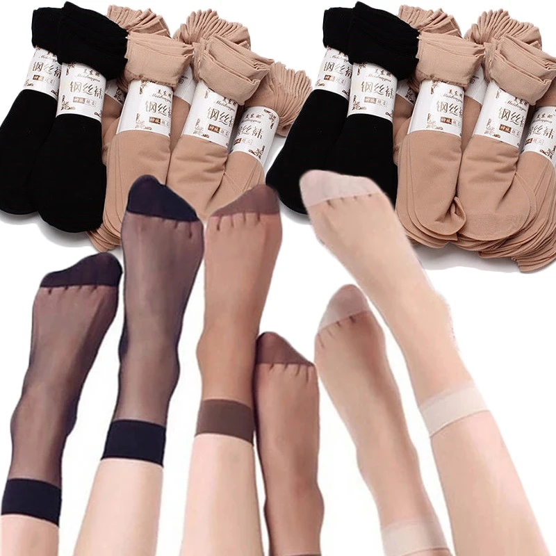 10Pairs Summer Cool Breathable Silk Socks Transparent Sexy Black Skin Sock Solid Color Women Girls Nylon Ankle Super Thin Socks