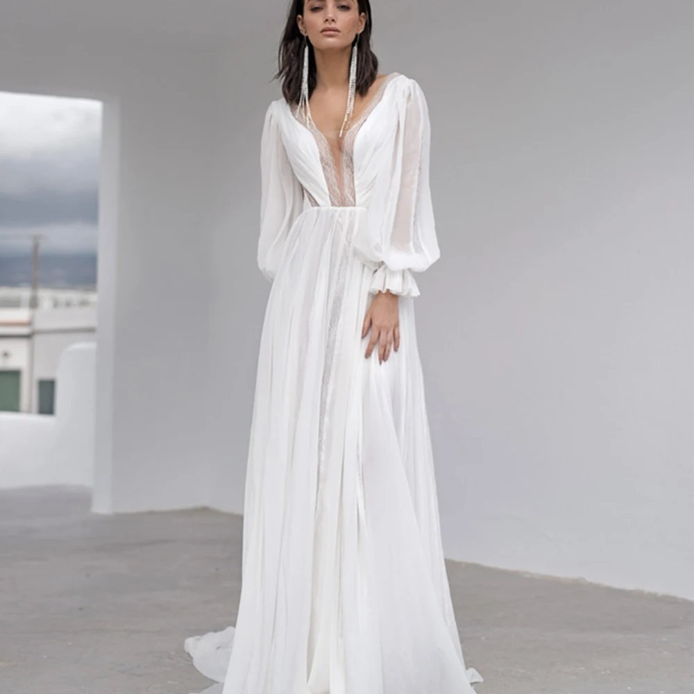 

Elegant Robe De Mariage 2022 Nouveauté V-Neck Puff Long Sleeves Backless Wedding Dresses Chiffon Sweep Train Vestido De Noiva