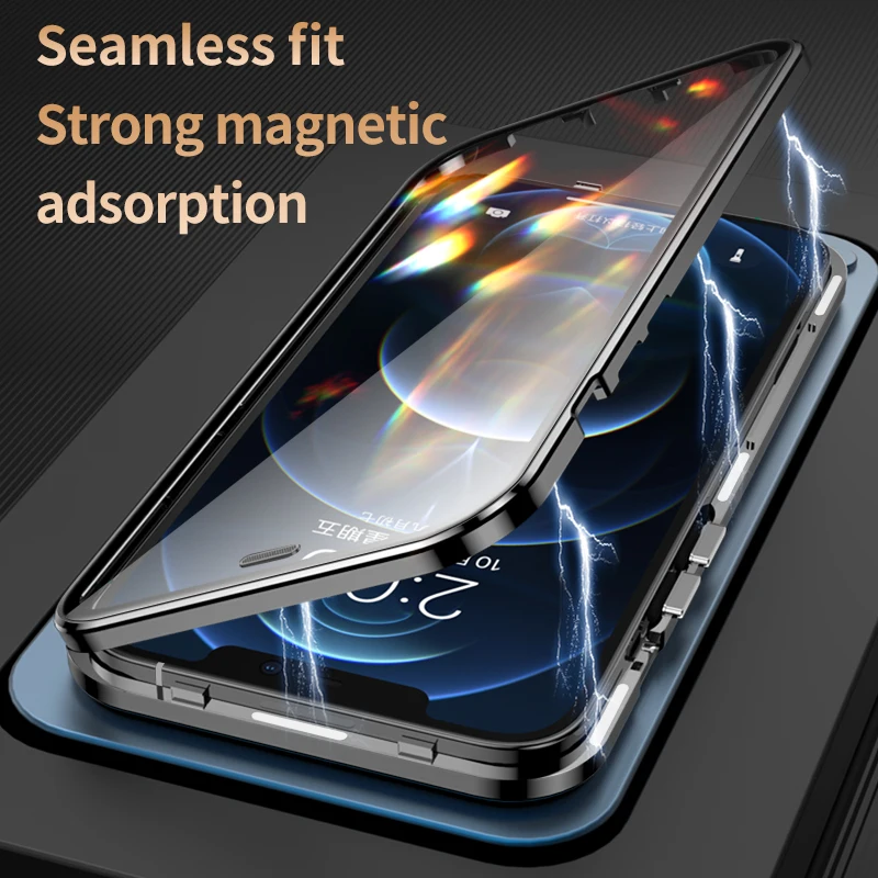 Magnetic Metal Flip Case for iPhone 14 13 Pro Max 12 Magsafing Wireless Charger Full Tempered Glass Transparent Cover Protector