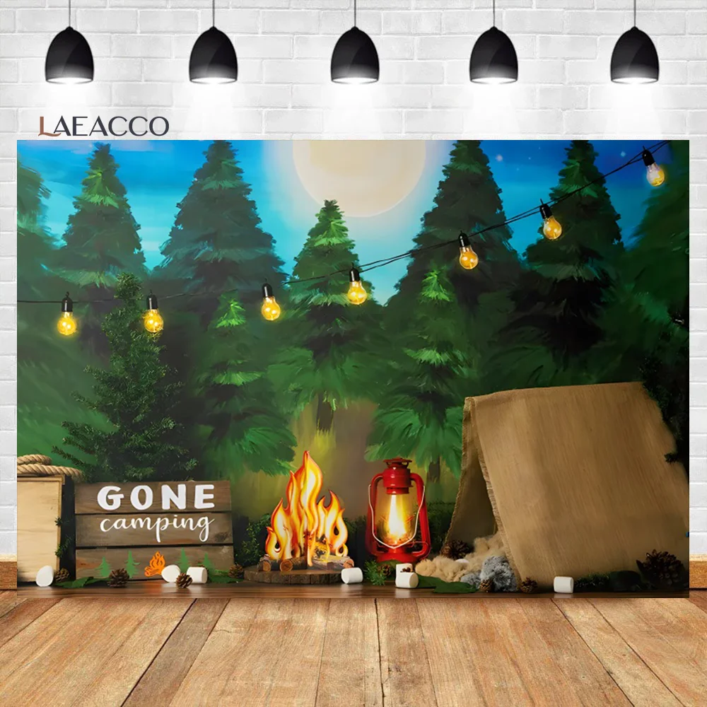 

Laeacco Gone Camping Watercolor Forest Mountain Birthday Scenery Background Newborn Baby Shower Portrait Photography Backdrop