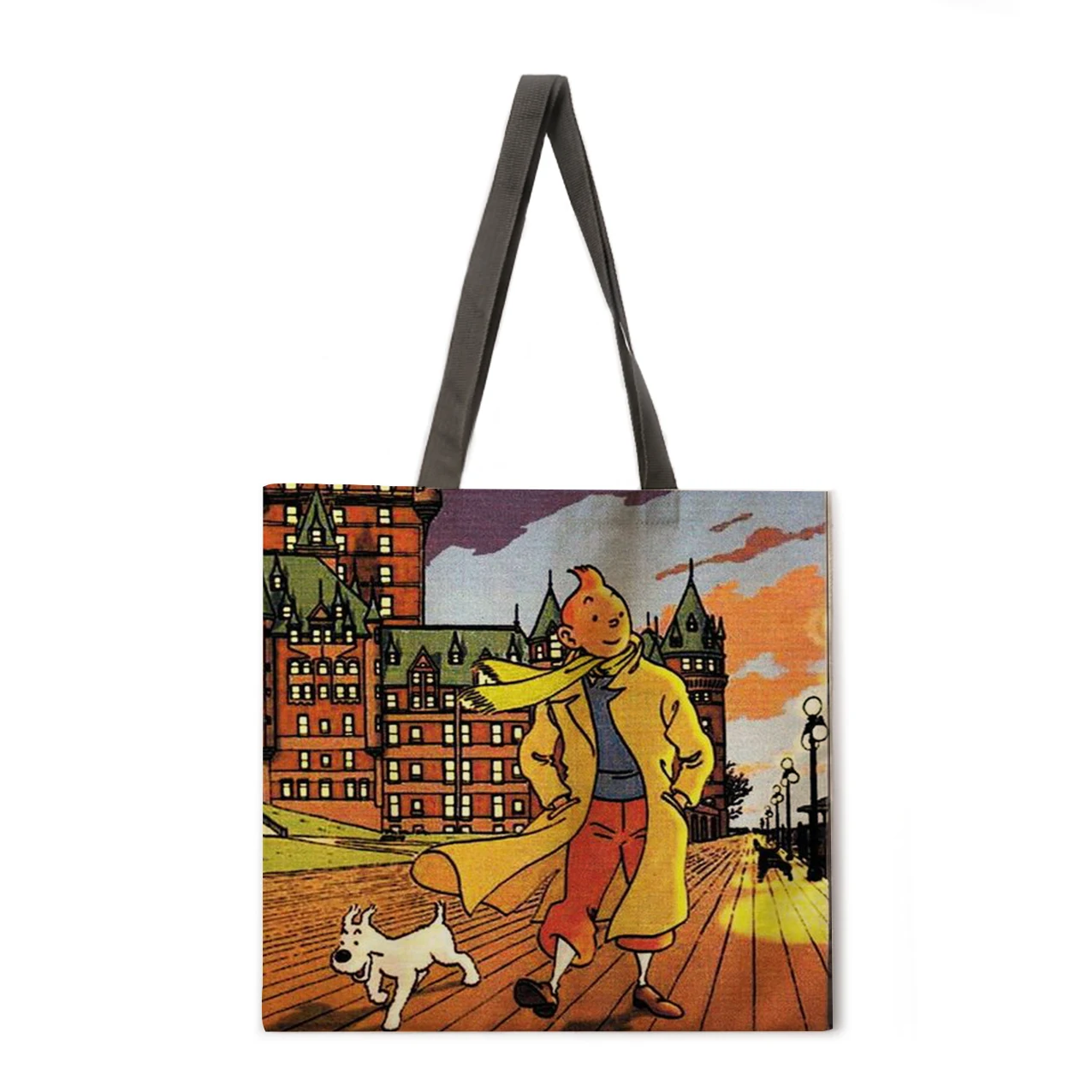 Anime comics print hand bag linen casual handbag foldable shoulder shopping bag bag reusable women beach bag