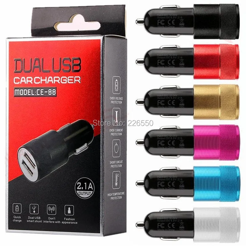 

50pcs/lot Dual 2 Usb Ports Alloy Metal Universal 2.1A Car chargers for Pc Mp3 Gps Android phone with box