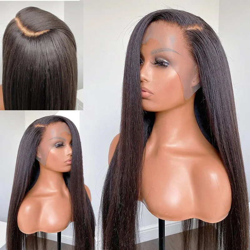 

Natural Long 28 Inch Soft Black Yaki Kinky Straight Hair Wig For Women Natural Hairline Kinky Straight Wig With Afro Baby Hair