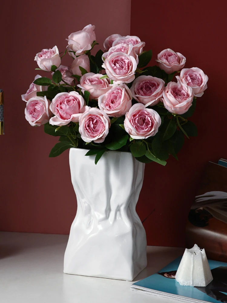 

Плиссированная белая керамическая ваза, украшение для гостиной, шкафа для телевизора, цветочная композиция, креативная домашняя ваза