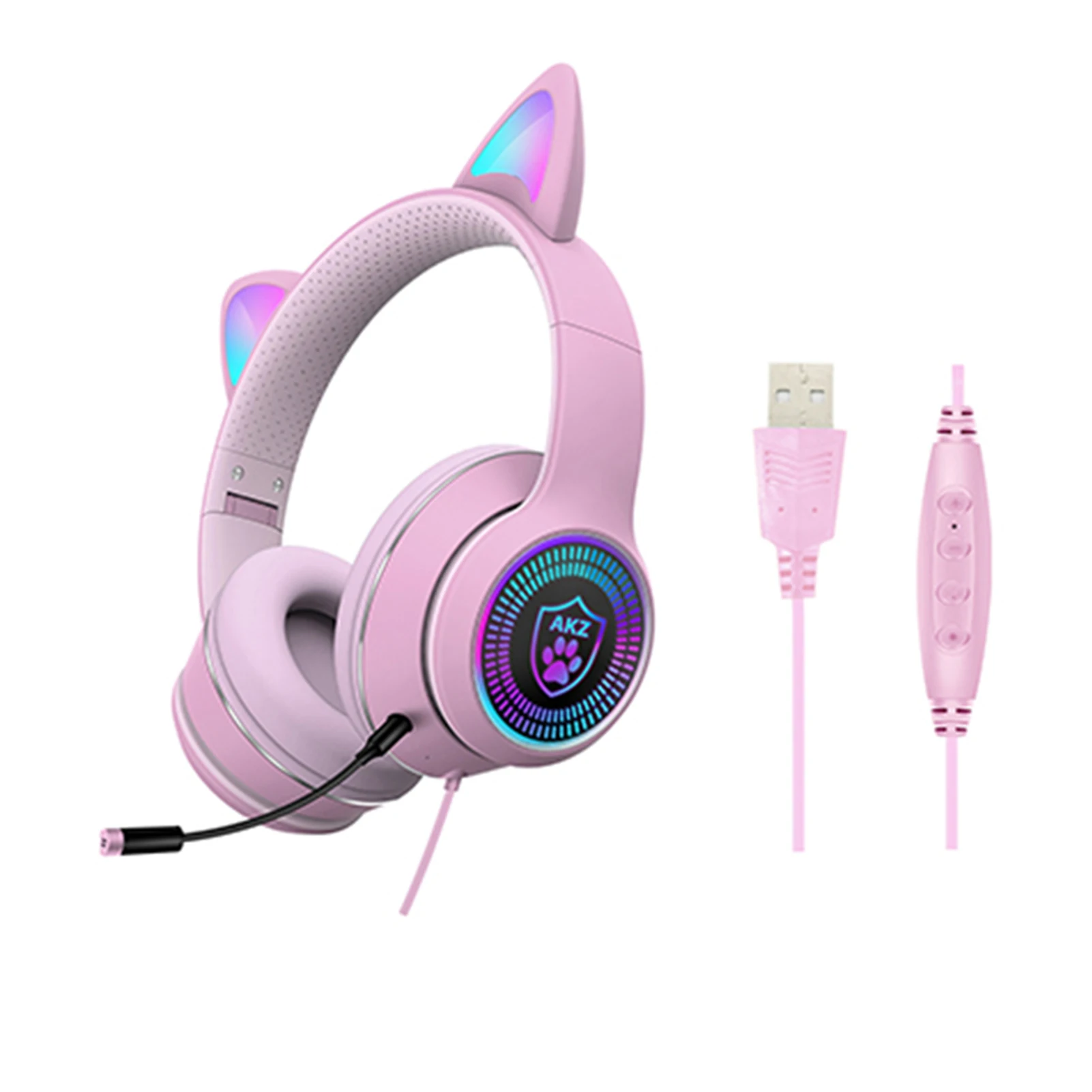 

Cat Ear Foldable Lightweight With Microphone RGB Light Ergonomic Gaming Headset Travel Noise Cancelling For PC Laptop USB Wired
