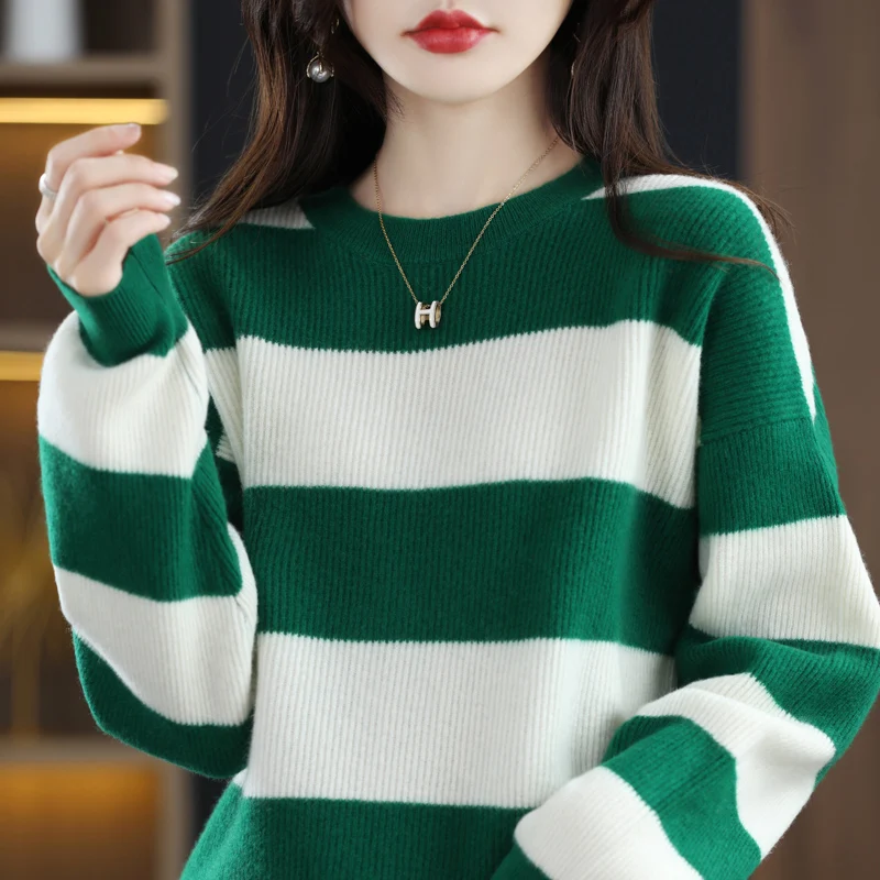 

Hot Sale 100% Pure Wool Knitted Sweater Women Long Sleeve Loose Thicken Pullover 2022 Autumn Winter Fashion Female Striped Jumpe
