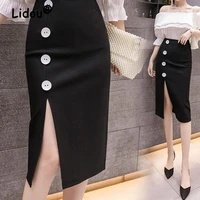 2022 fashion new womens korean version elegant commuting slim fit hip wrap skirt button sexy split elastic high waist skirt