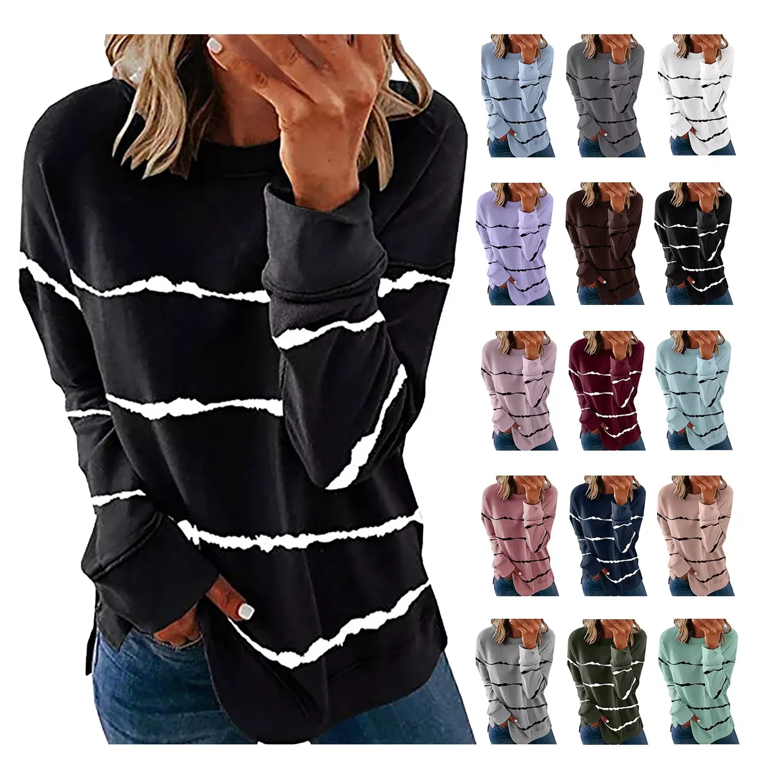 

Stripe Print Shirt Women Pullover Contrast Color Tops Blouse Long Sleeve Tee Tshirt 2022 Summer Female T-shirts Ladies Sweatshir