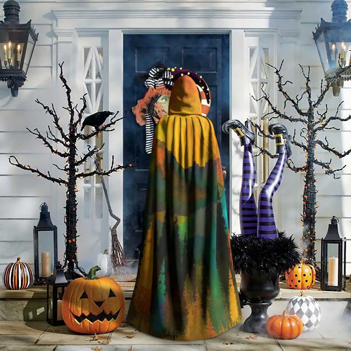 Длинная накидка плащ С закатом и рисунком лесного дерева с капюшоном пальто