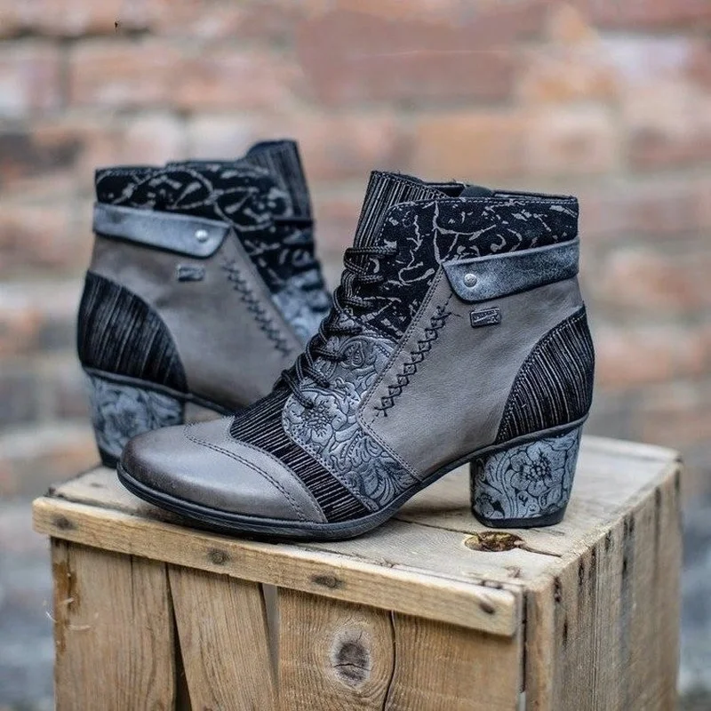 

Pmwrun Spring Autumn European and American Style Stitching Pattern Lace Side Zipper Square Heel Fashion All-match Women's Boots