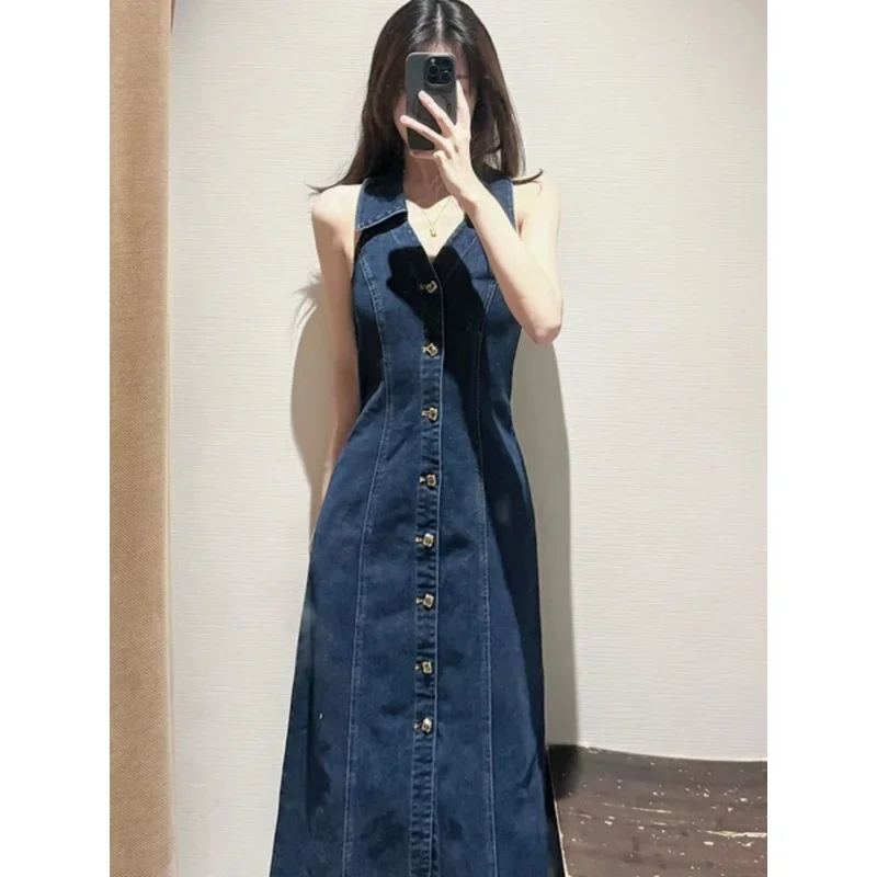 Элегантное джинсовое платье без бретелек во французском стиле для женщин новое