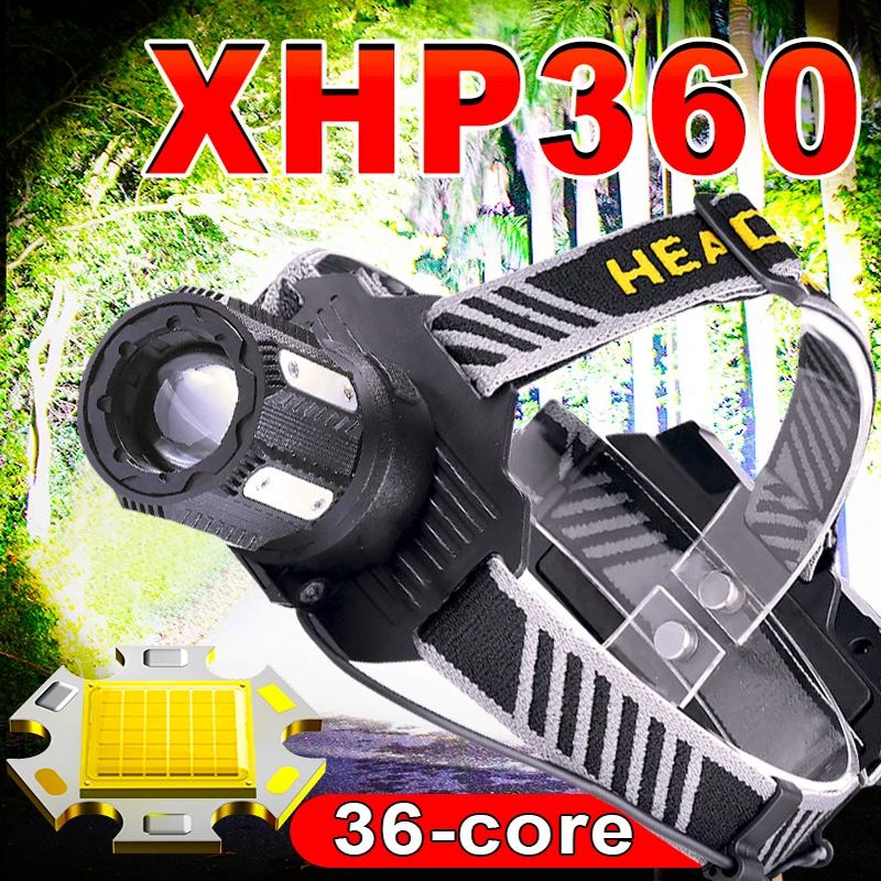 

XHP360 Powerful LED Headlamp 1000000 Lumen High Power Head Lantern Flashlight 2000 Meters Rechargeable Headlight USB C Head Lamp