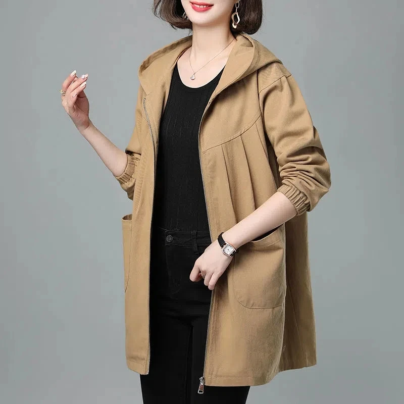 

Ветровка женская длинная, весна-осень 2023, новая куртка большого размера, темпераментная куртка для матерей среднего возраста, Женская трендовая верхняя одежда с капюшоном