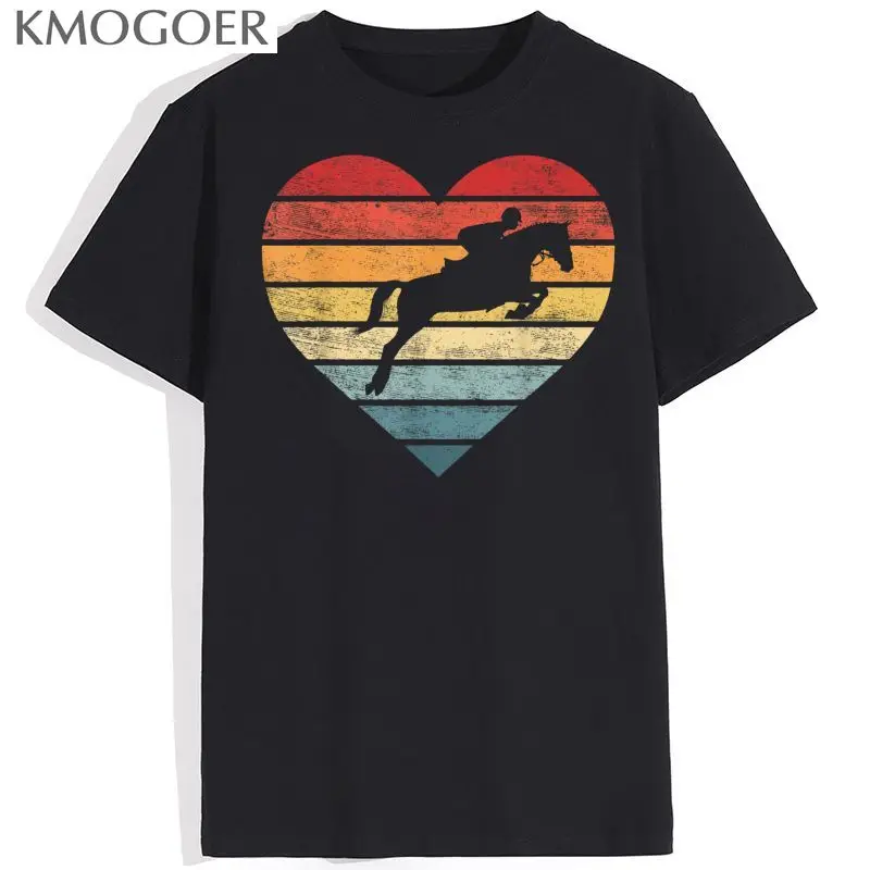 

Футболки в стиле ретро С закатом лошади влюбленных райдеров для мужчин, кавайные винтажные футболки из чистого хлопка с круглым вырезом, цв...